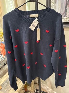 By Together Navy Crewneck Sweater with Red Heart Motif